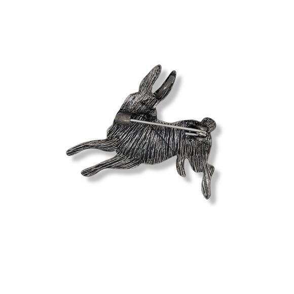 Antiqued Pewter Crystal Green Eyed Hare Bunny Brooch Pin Pendant - Picture 4 of 4